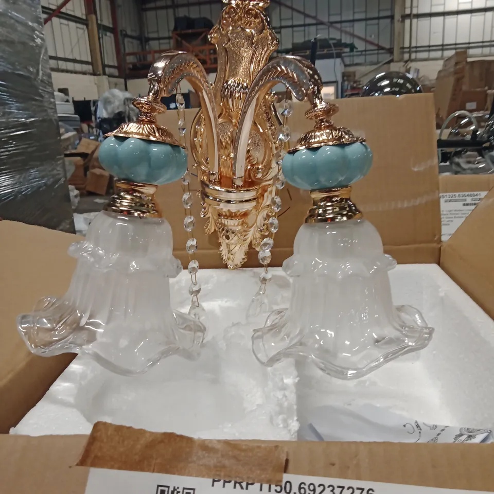 BOXED ORNATE GOLD-TONE CHANDELIER WITH TEAL GLASS SHADES