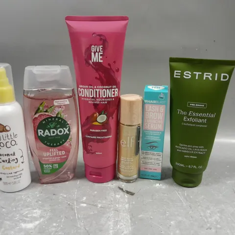 APPROXIMATELY 20 ASSORTED COSMETICS PRODUCTS TO INCLUDE - RADOX SHOWER GEL - ESTRID ESSENTIAL EXFOLIANT - MY LITTLE COCO COCNUT CURLING CUSTARD