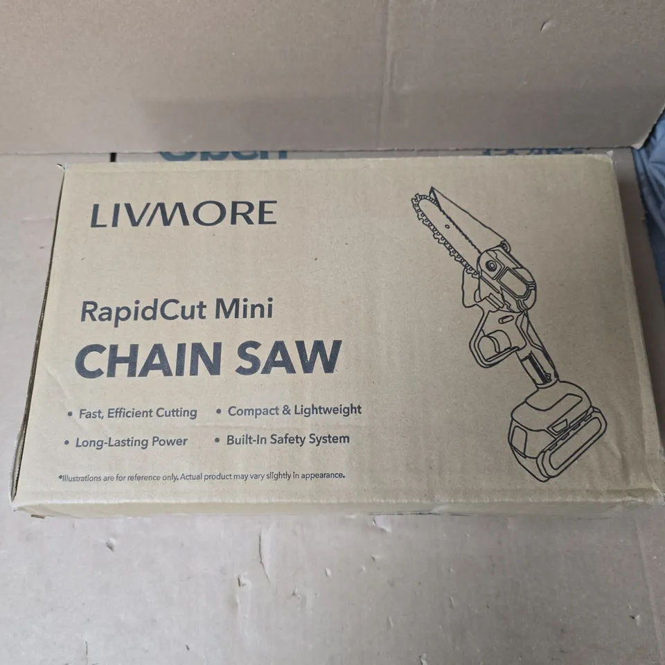 LIVMORE RAPIDCUT MINI CHAIN SAW – 21V CORDLESS, IN CASE