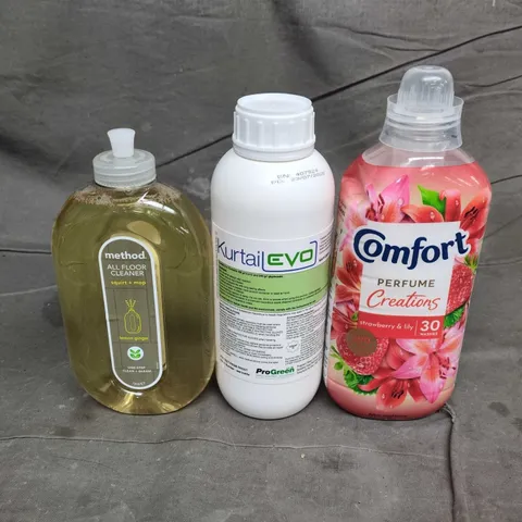 BOX OF APPROX 5 ASSORTED HOUSEHOLD LIQUIDS TO INCLUDE COMFORT, ALL FLOOR CLEANER AND KURTAIL EVO