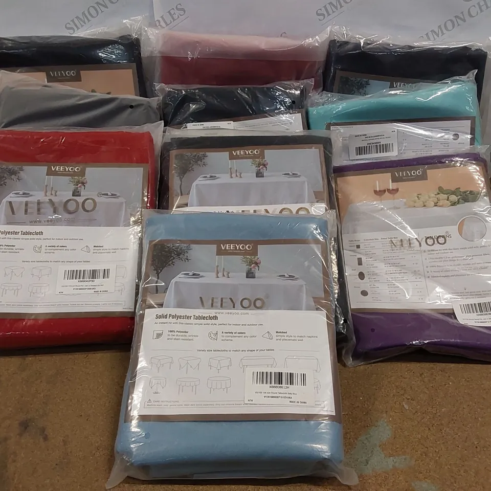 LOT OF 10X BRAND NEW BAGGED VEEYOO SOLID POLYESTER TABLECLOTHS - SIZES AND COLOURS MAY VARY (10 ITEMS)