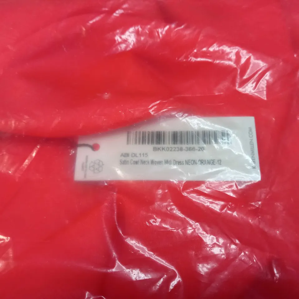 PACKAGED KAREN MILLEN NEON ORANGE SATIN COWL NECK MIDI DRESS - SIZE 12