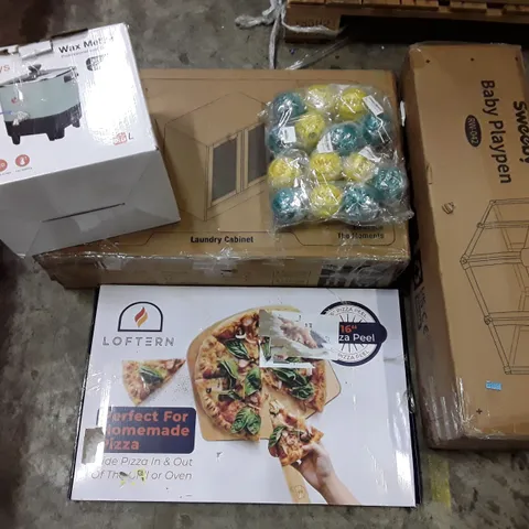 PALLET CONTAINING ASSORTED PRODUCTS INCLUDING BABY PLAYPEN, 16" PIZZA PEEL, DOG TOY TREAT DISPENSER BALLS, LAUNDRY CABINET & WAX MELTER
