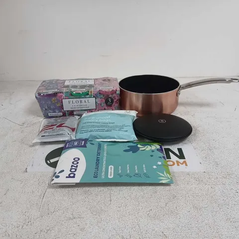 BOX OF APPROXIMATELY 20 ASSORTED ITEMS TO INCLUDE JOHN LEWIS SAUCE PAN, FLORAL DEHUMIDIFIERS, BT HUB, THUMB BRACE ETC