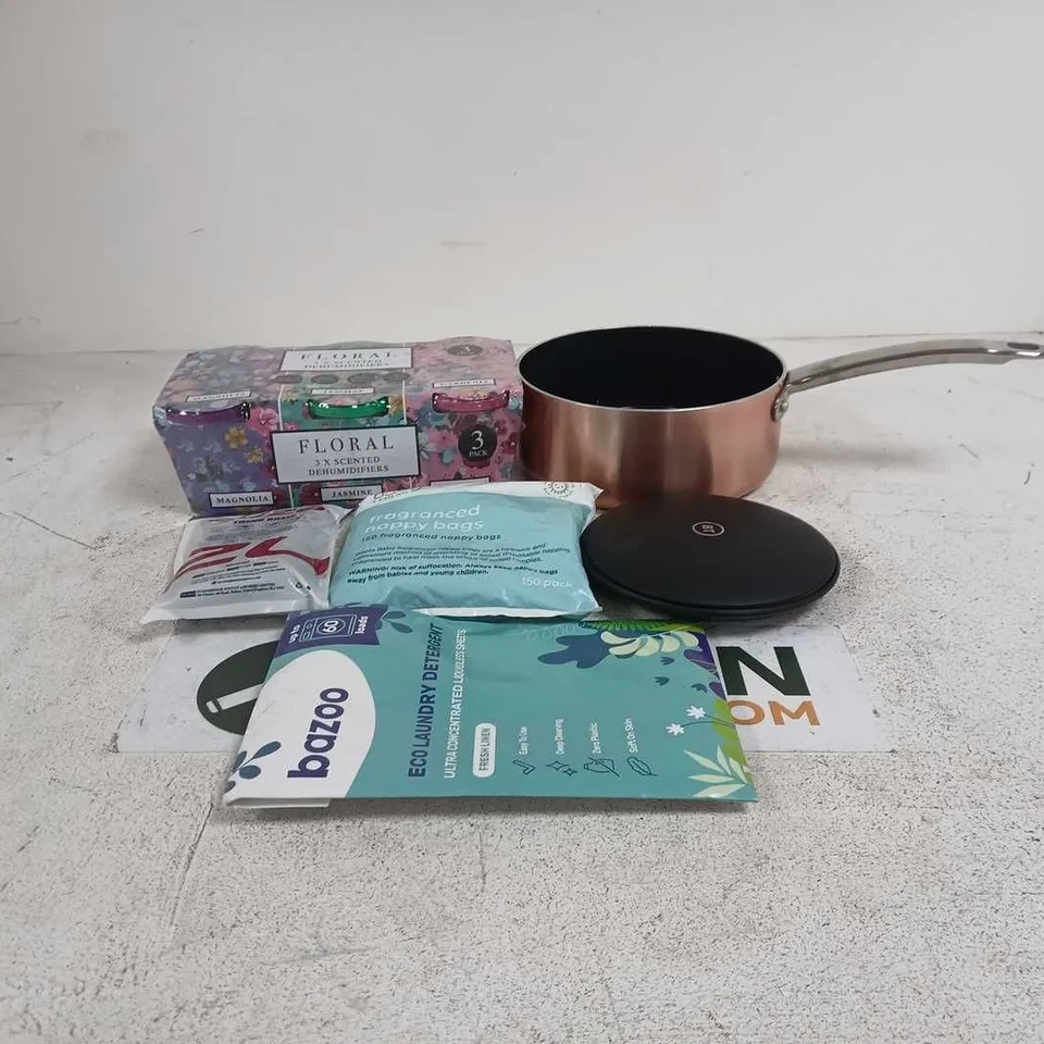BOX OF APPROXIMATELY 20 ASSORTED ITEMS TO INCLUDE JOHN LEWIS SAUCE PAN, FLORAL DEHUMIDIFIERS, BT HUB, THUMB BRACE ETC