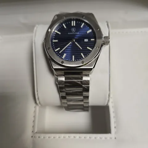 BERNARD REINHARDT STAINLESS STEEL WATCH WITH BLUE DIAL – BOXED