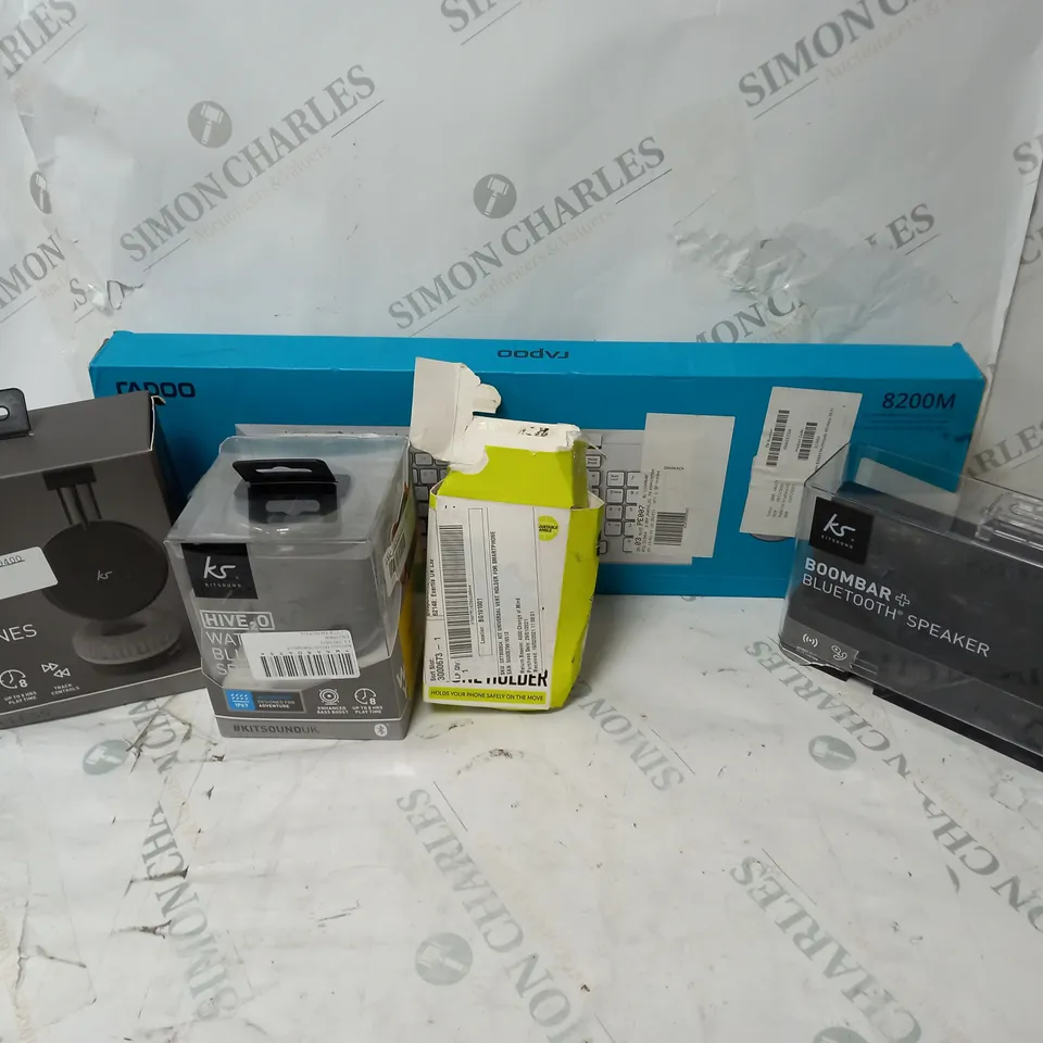 APPROXIMATELY 5 ELECTRICAL ITEMS TO INCLUDE RAPOO 8200M MULTI-MODE MOUSE AND KEYBOARD, KITSOUND BOOMBAR, METRO WIRELESS HEADPHONES, ETC