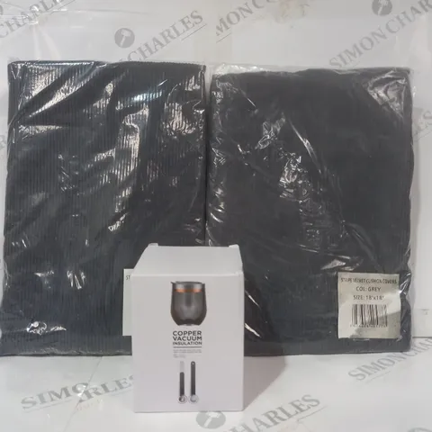 BOX OF APPROXIMATELY 15 ASSORTED HOUSEHOLD ITEMS TO INCLUDE STRIPE VELVET CUSHION COVERS IN GREY, AVENUE COPPER VACUUM INSULATION FLASK, ETC