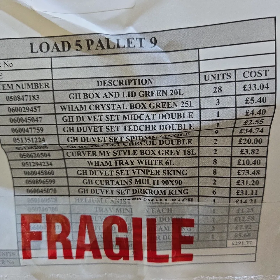 PALLET OF ASSORTED ITEMS TOO INCLUDE STORAGE BOXES , BEDDING , ETC
