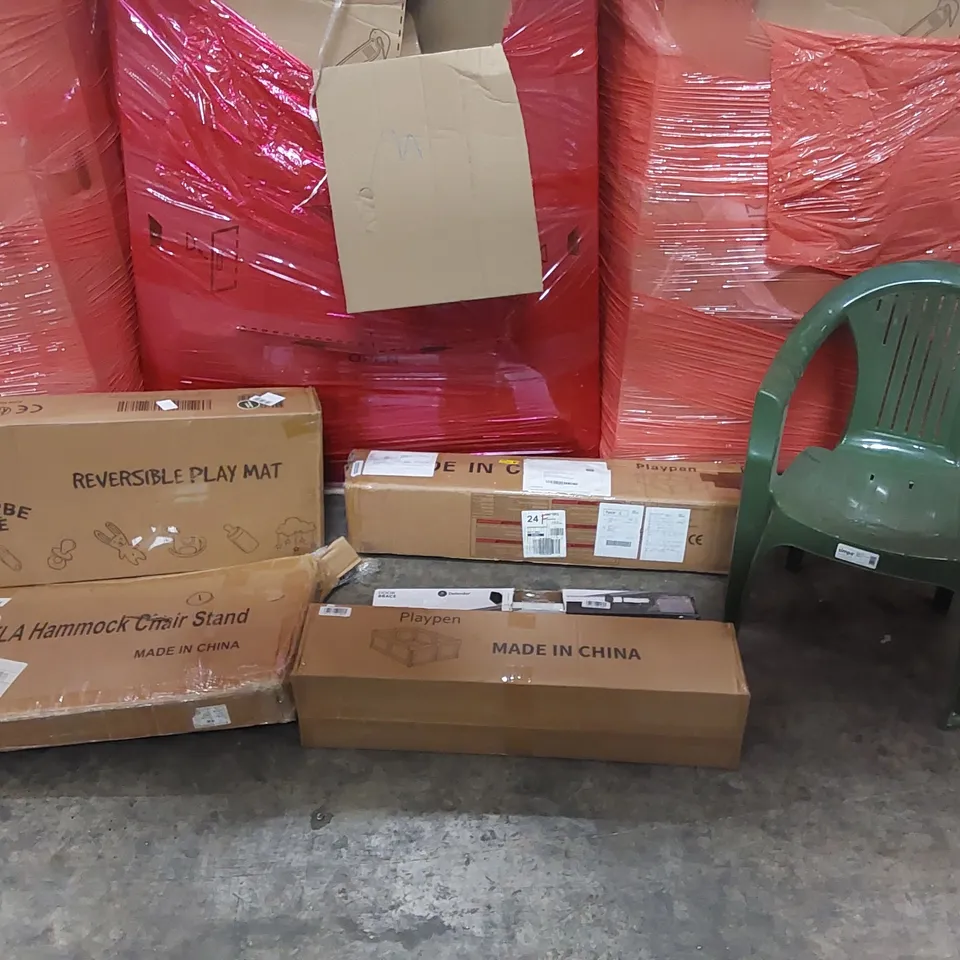 PALLET OF ASSORTED CONSUMER PRODUCTS TO INCLUDE: PLAYPENS, REVERSIBLE PLAYMAT, HAMMOCK CHAIR STAND, GARDEN CHAIR, DOOR BRACE ECT