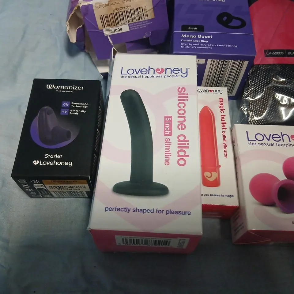 LOVEHONEY SEX TOY BUNDLE – ASSORTED BOXES (DILDOS, BULLETS, COCK RINGS) + LINGERIE BAG