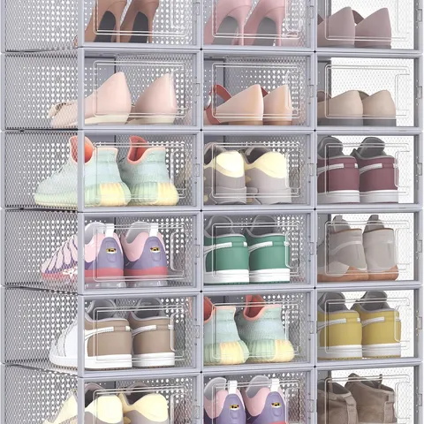 BOXED SONGMICS SHOE BOXES, PACK OF 18 STACKABLE SHOE STORAGE ORGANISERS