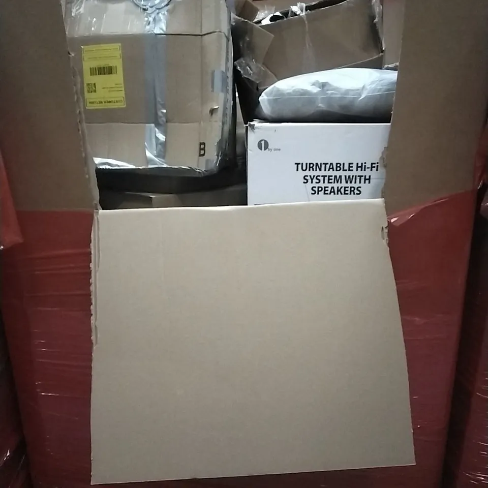 PALLET OF HOUSEHOLD ITEMS TO INCLUDE TURNTABLE SYSTEM, VACUUM CLEANER, PICTURE FRAME, ZIPPY KEYS PIANO AND OTHER ASSORTED ITEMS...