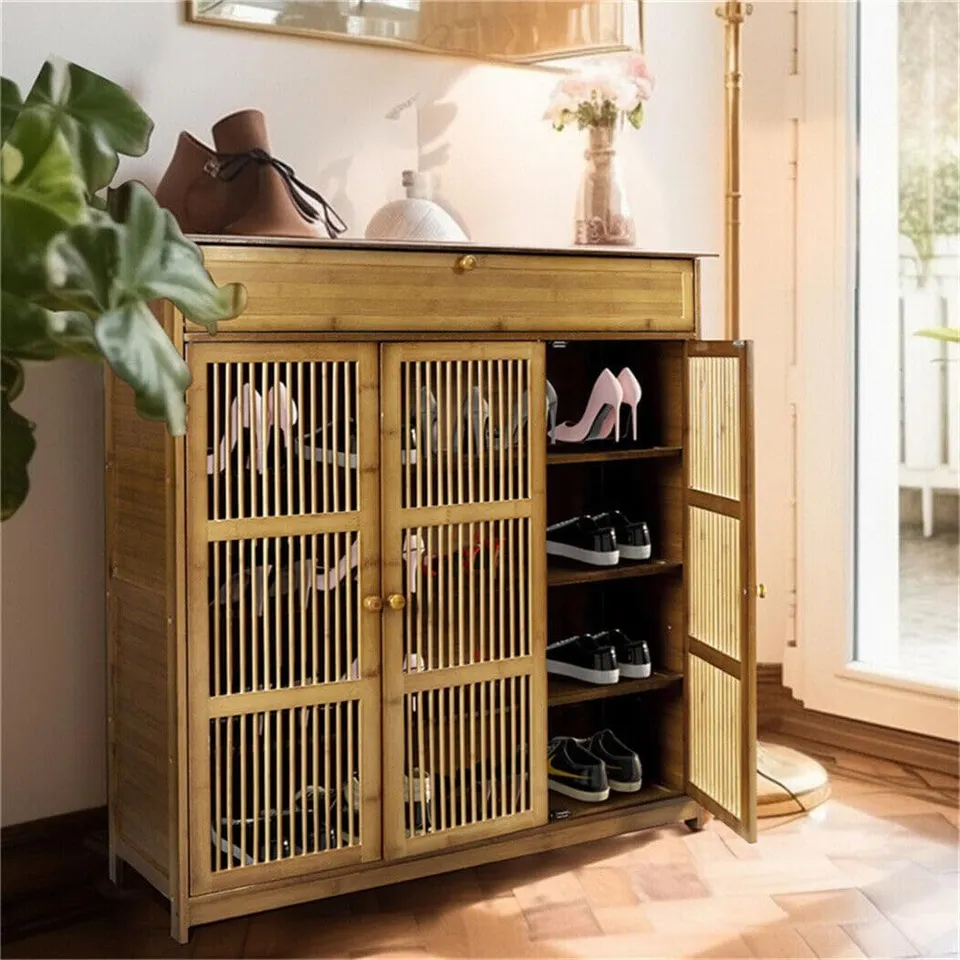 BOXED UNHO BAMBOO SHOE STORAGE CABINET: WOODEN SHOES RACK ORGANISER 