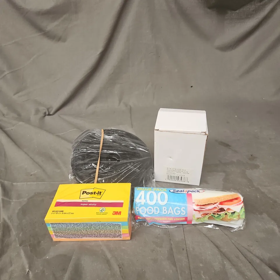 APPROXIMATELY 12 ASSORTED ITEMS TO INCLUDE POST IT NOTE, STEMLESS WINE GLASS, FITNESS WEIGHT, FOOD BAGS ETC