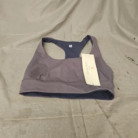 SWEATY BETTY SUPER SOFT REVERSIBLE BRA IN URBAN GREY/NAVY BLUE SIZE S