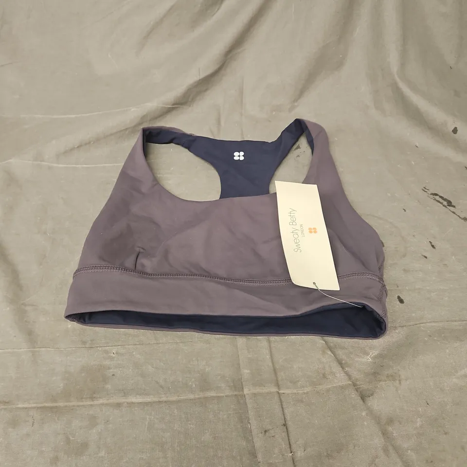 SWEATY BETTY SUPER SOFT REVERSIBLE BRA IN URBAN GREY/NAVY BLUE SIZE S