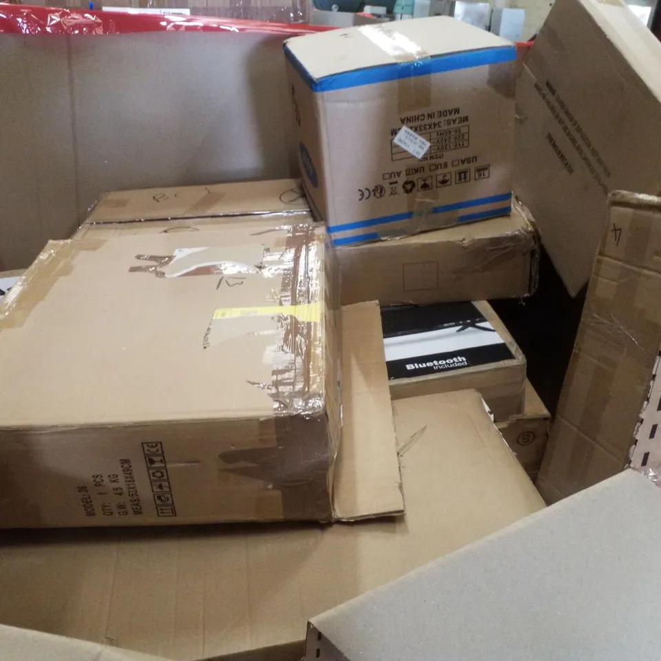 PALLET CONTAINING ASSORTED PRODUCTS INCLUDING DUAL CHAMBER AIR FRYER, 24" MONITOR, COMPUTER DESK, E-CHARGER & 1.5KW GLASS PANEL HEATER