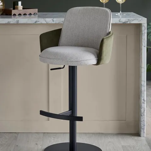 BOXED DANETTI WREN NATURAL FABRIC AND OLIVE GREEN VELVET GAS LIFT BAR STOOL