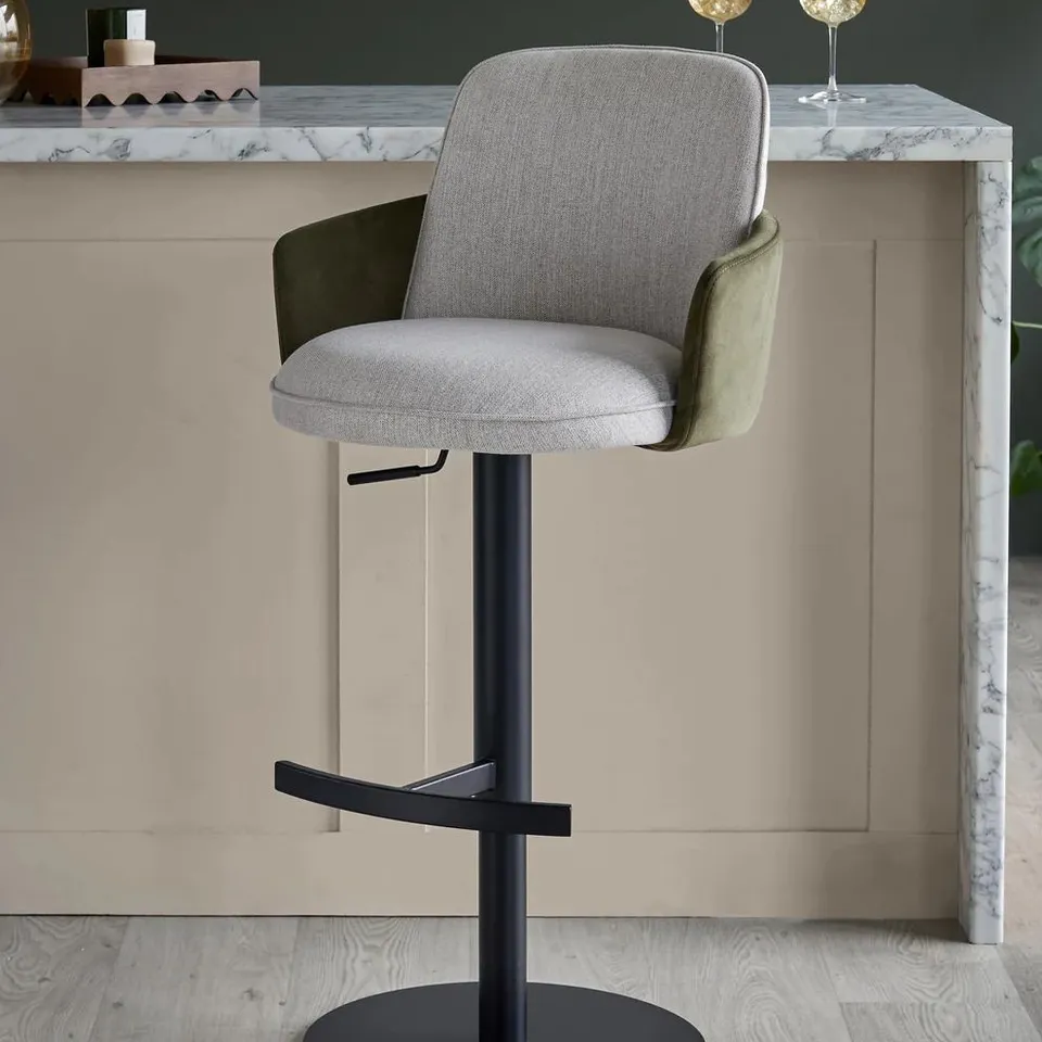 BOXED DANETTI WREN NATURAL FABRIC AND OLIVE GREEN VELVET GAS LIFT BAR STOOL