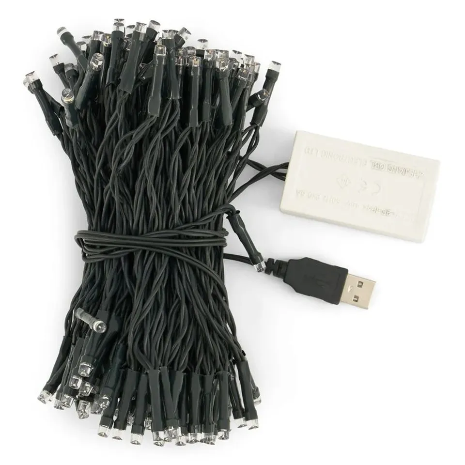 BOXED BRAVICH 8 FUNCTION LED FAIRY LIGHTS WITH GREEN CABLE USB PLUG (200 LIGHTS - 19M CABLE) - MULTICOLOURED LIGHTS