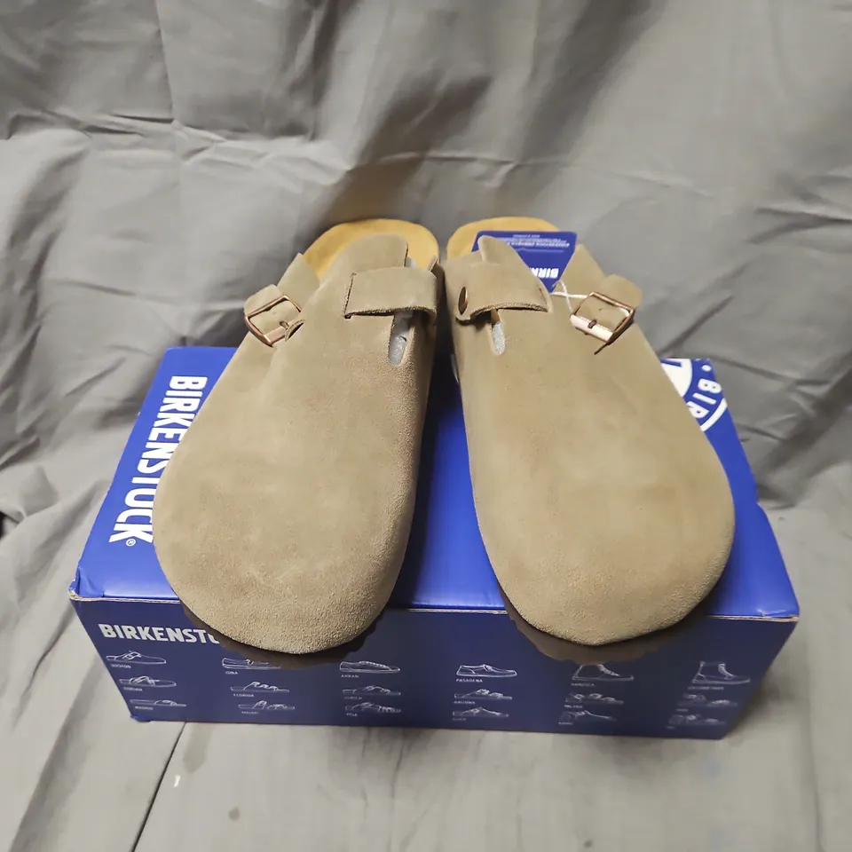 BOXED BIRKENSTOCK BOSTON SUEDE SANDALS – TAUPE, EU 46 (UK 11)
