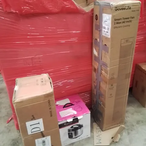 PALLET OF ASSORTED HOUSEHOLD GOODS AND PRODUCTS TO INCLUDE;RICE COOKER,DRYWALL SANDER,TOWER FAN