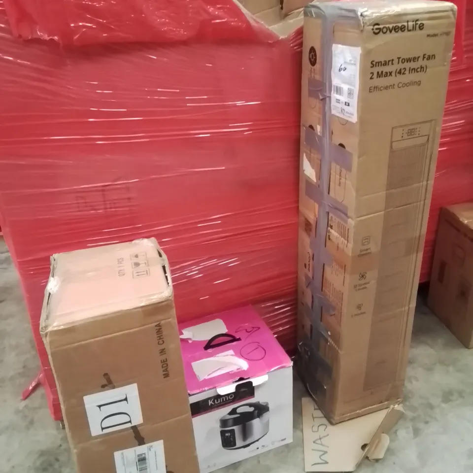 PALLET OF ASSORTED HOUSEHOLD GOODS AND PRODUCTS TO INCLUDE;RICE COOKER,DRYWALL SANDER,TOWER FAN