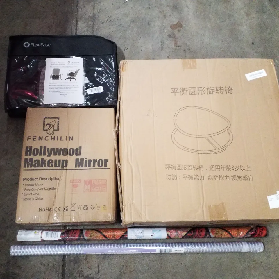 PALLET CONTAINING ASSORTED PRODUCTS INCLUDING GEL SEAT CUSHION, HOLLYWOOD MAKEUP MIRROR, WALLPAPER, TELESCOPIC ROD, FENCE POST REPAIR STAKES