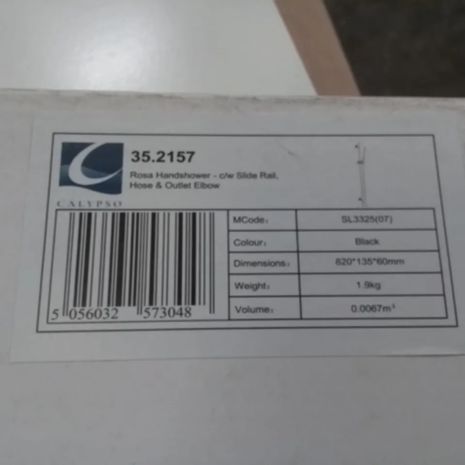 BOXED AS NEW CALYPSO ROSA HANDSHOWER C/W SLIDE RAIL, HOSE AND OUTLET ELBOW