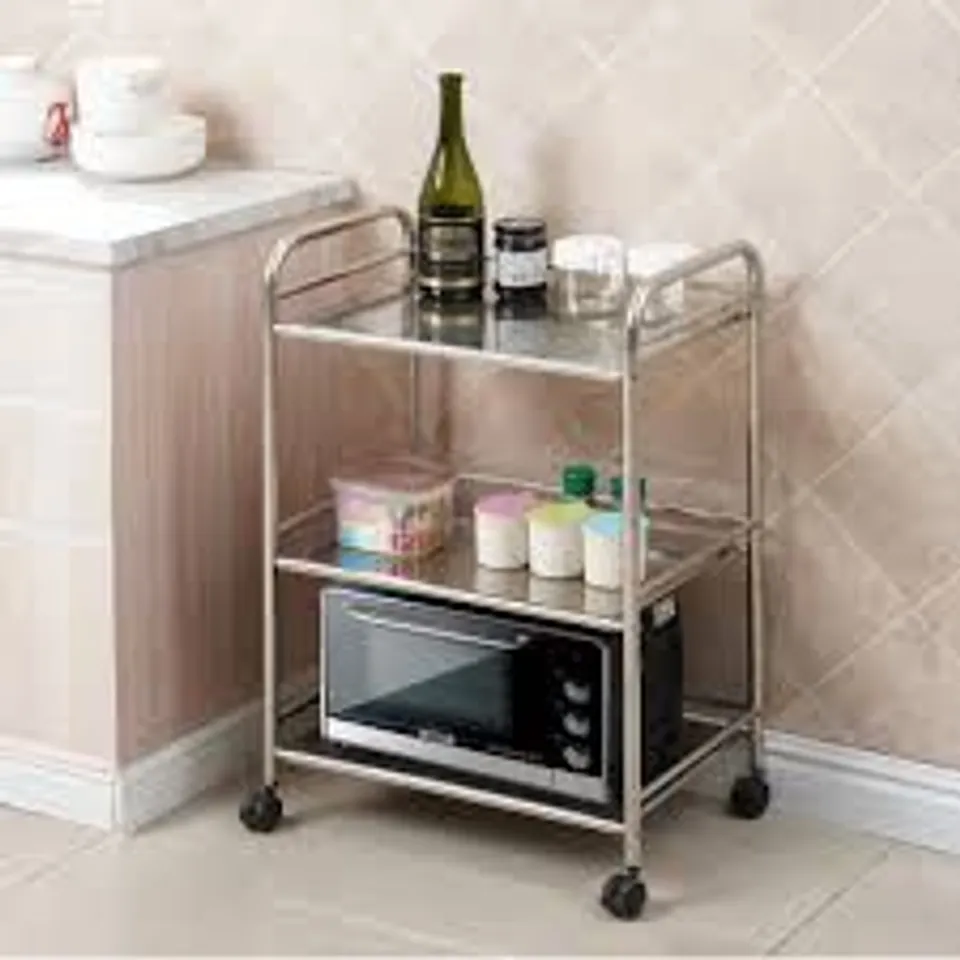 3 TIER SILVER METAL KITCHEN TROLLEY W WHEELS