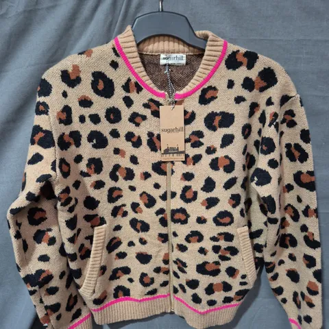 SUGARHILL LEOPARD PRINT CARDIGAN – WOMEN'S ZIP FRONT, BEIGE WITH PINK TRIM - SIZE 8