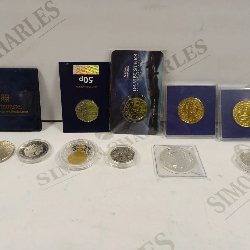 BOX TO CONTAIN APPROX. 20 X ASSORTED COMMEMORATIVE AND COLLECTORS COINS. DESIGNS VARY