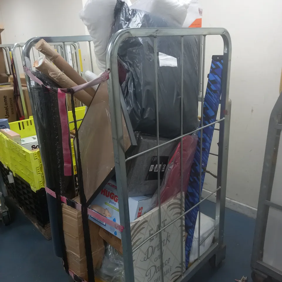 CAGE OF ASSORTED HOUSEHOLD ITMES TO INCLUDE WALL DECOR, DRAINAGE RACK, HUGGIES PLASTIC WIPES, BEDDING, STORAGE BOXES, AND ENAMELED STEEL ETC