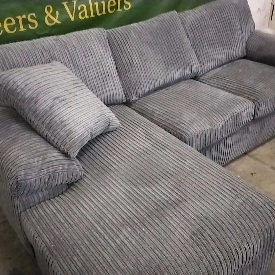 QUALITY DESIGNER JUMBO CORDED CHARCOAL GREY FABRIC L SHAPED CHAISE SOFA