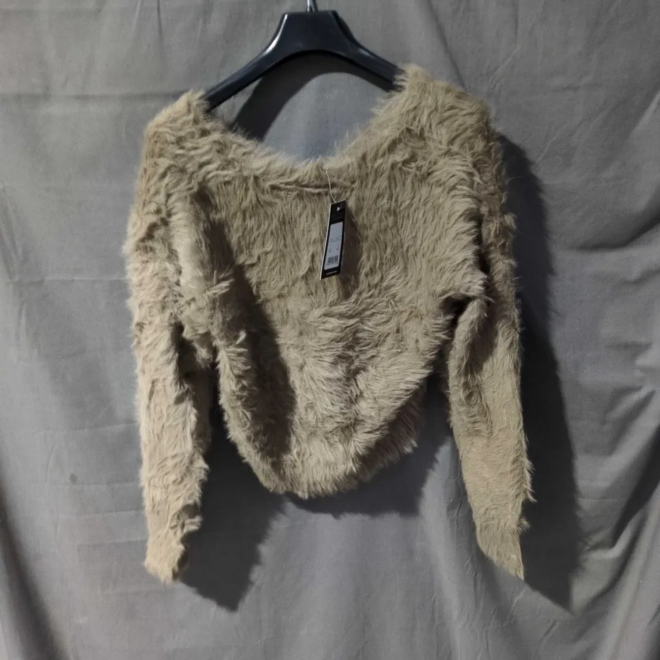 NEW LOOK FAUX-FUR CROP CARDIGAN - BEIGE, UK M (EU M)