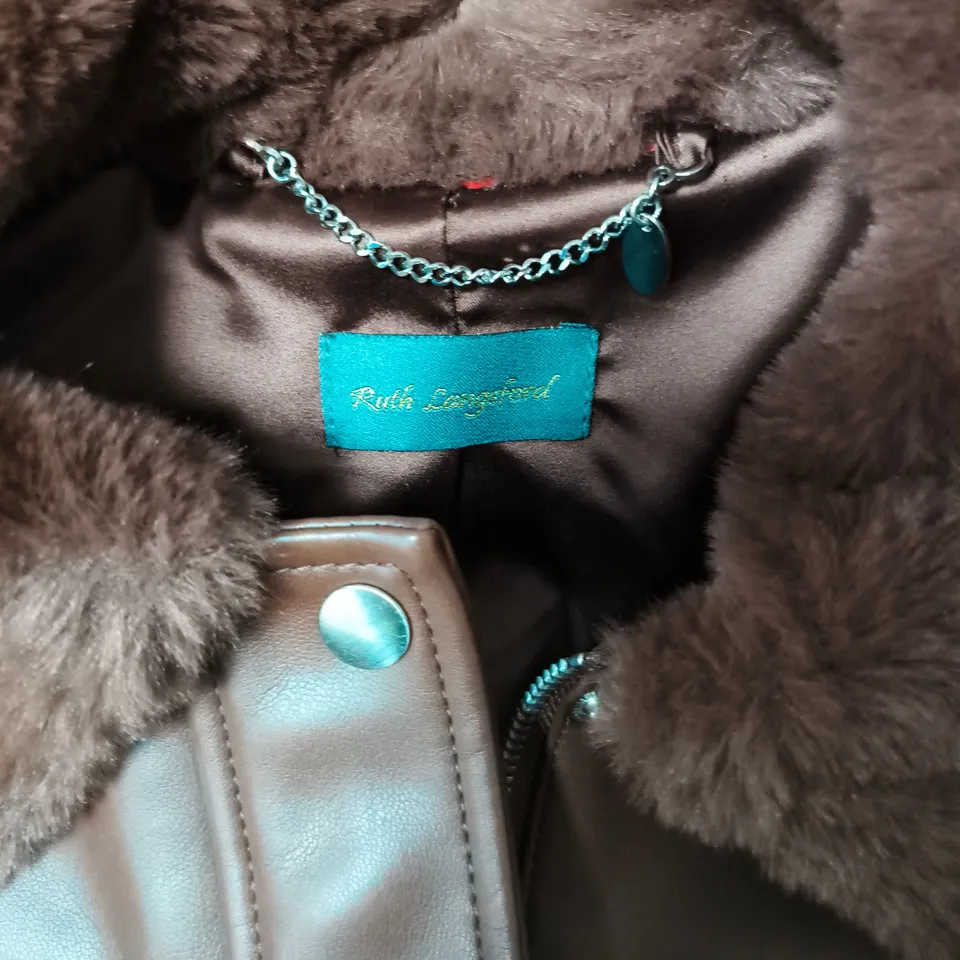 RUTH LANGFORD BROWN FAUX LEATHER JACKET WITH FUR COLLAR – WOMEN'S COAT SIZE 10