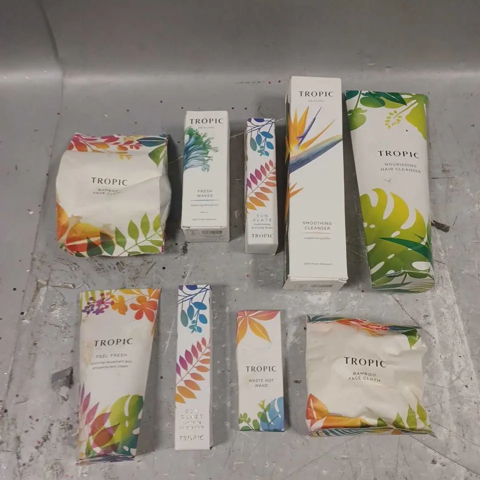 TROPIC SKINCARE LOT OF 8 ASSORTED COSMETIC PRODUCTS TO INCLUDE - SMOOTHING CLEANSER - SUN GLAZE BRONZING DROPS - FRESH WAVES BALANCING MOISTURISER - ETC