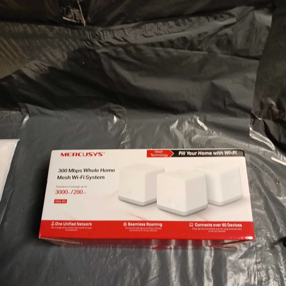 BOX OF ASSORTED HOUSHOLD GOODS INCLUDING: CYBERPUNK POSTCARDS, DISPOSABLE MASKS AND HOME WIFI MESH SYSTEM