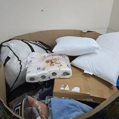 PALLET TO CONTAIN A LARGE AMOUNT OF ASSORTED HOUSEHOLD ITEMS TO INCLUDE PILLOWS, TOILET ROLLS ETC