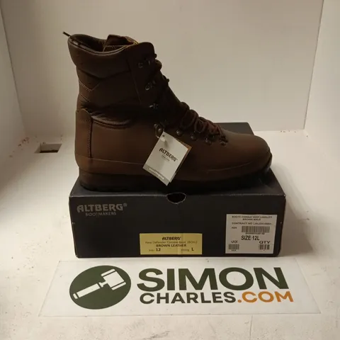 BOXED PAIR OF ALTBERG COMBAT DEFENDER BOOTS IN BROWN - SIZE 12