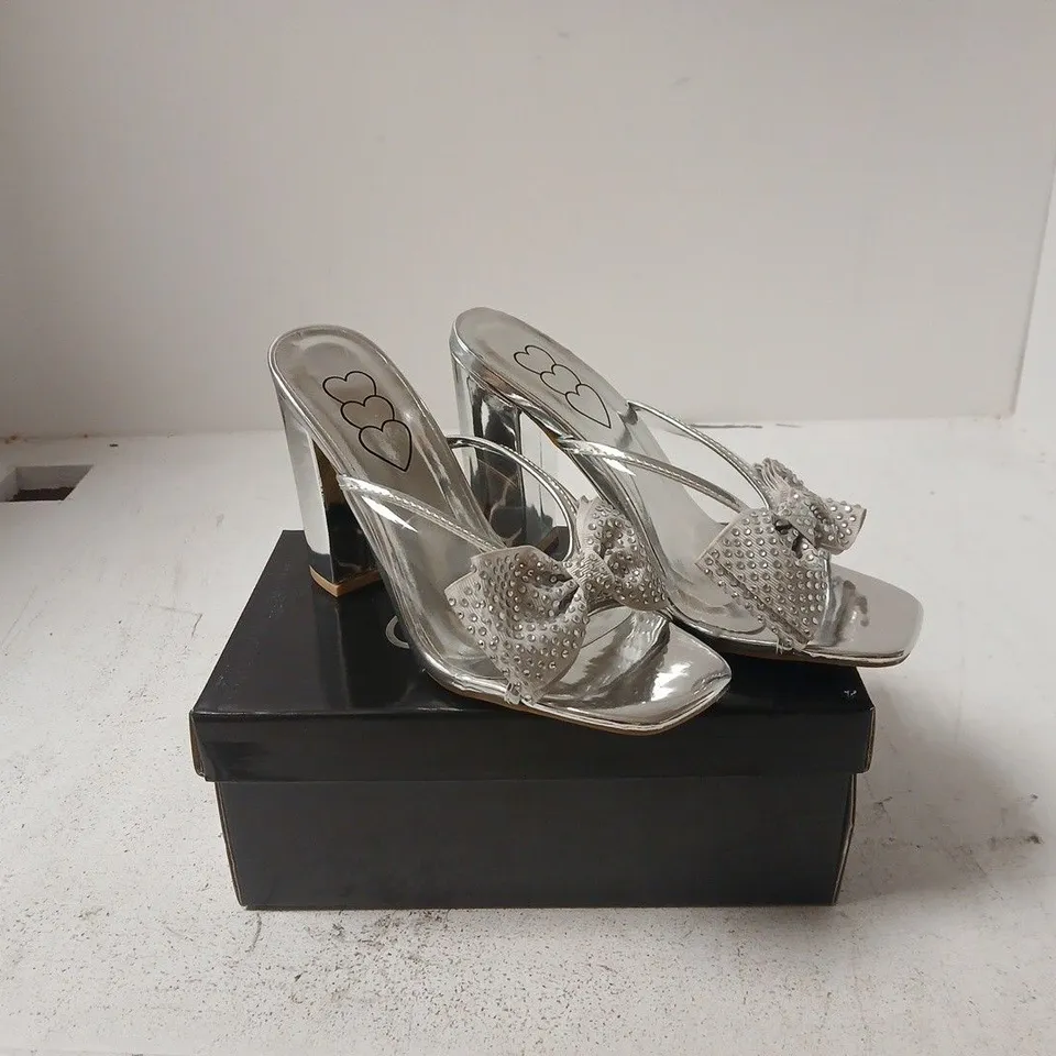 WOMEN'S SILVER RHINESTONE BOW SANDALS – OPEN-TOE HEELS, UK SIZE 8