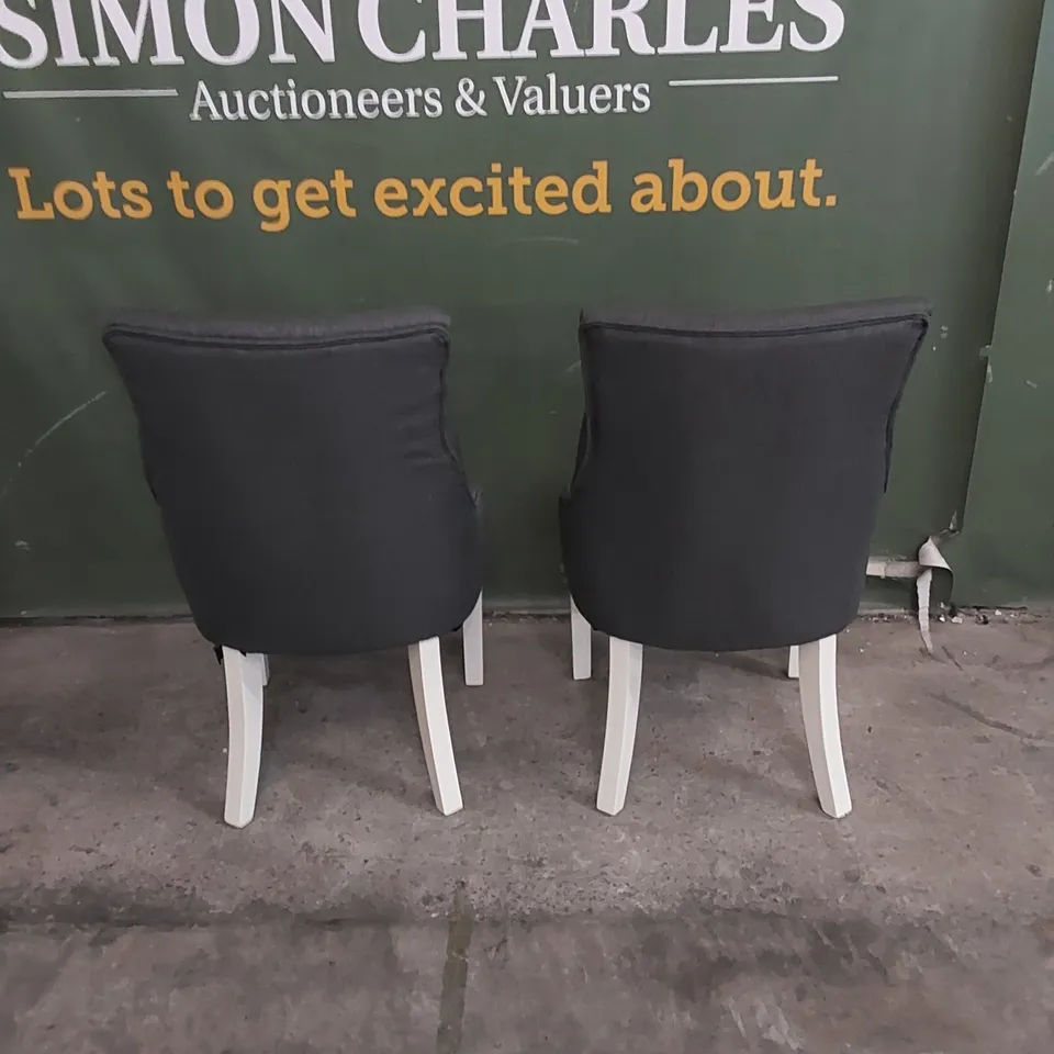SET OF 2 DUKE SLATE FABRIC BUTTON BACK DINING CHAIRS WITH WHITE LEGS 