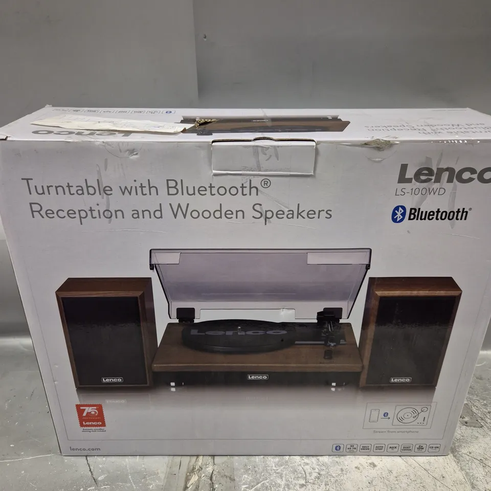BOXED LENCO LS-100WD BELT DRIVE TURNTABLE WITH WOODEN SPEAKERS