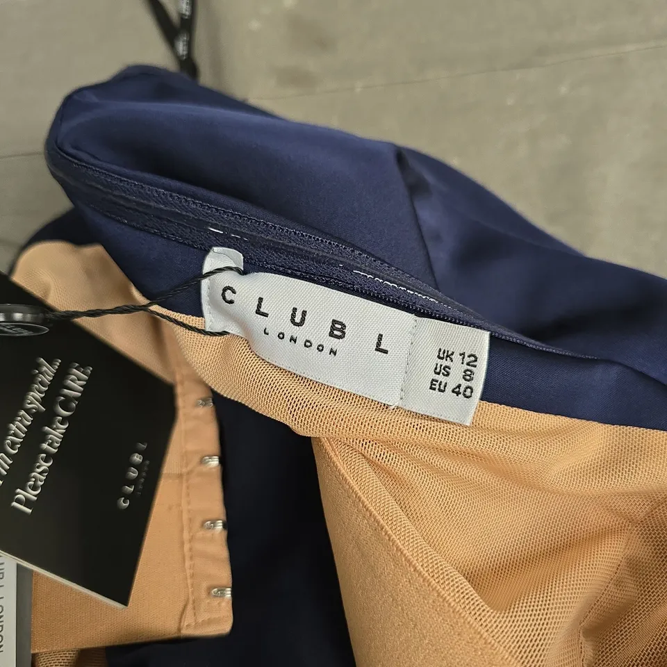 CLUB L LONDON NAVY SATIN BANDEAU DRAPED MAXI DRESS – UK 12