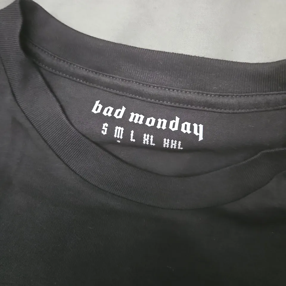 BAD MONDAY T-SHIRT – BLACK WITH COFFIN/ROSE BACK PRINT AND SMALL CHEST LOGO - MEDIUM