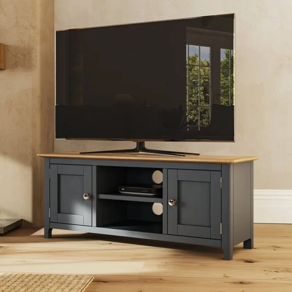 BOXED DARIS 2 DOOR TV CABINET UNIT. 110CM WIDE. FOR SCREENS UP TO 50" - BLUE