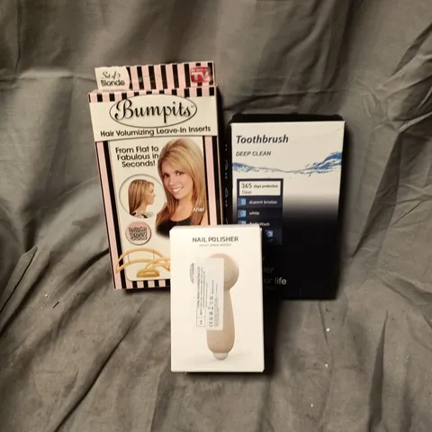 APPROXIMATELY 15 ASSORTED HEALTH AND BEAUTY ITEMS INCLUDING BUMPITS LEAVE IN INSERTS, TOOTHBRUSH DEEP CLEAN AND NAIL POLISHER GRINDER