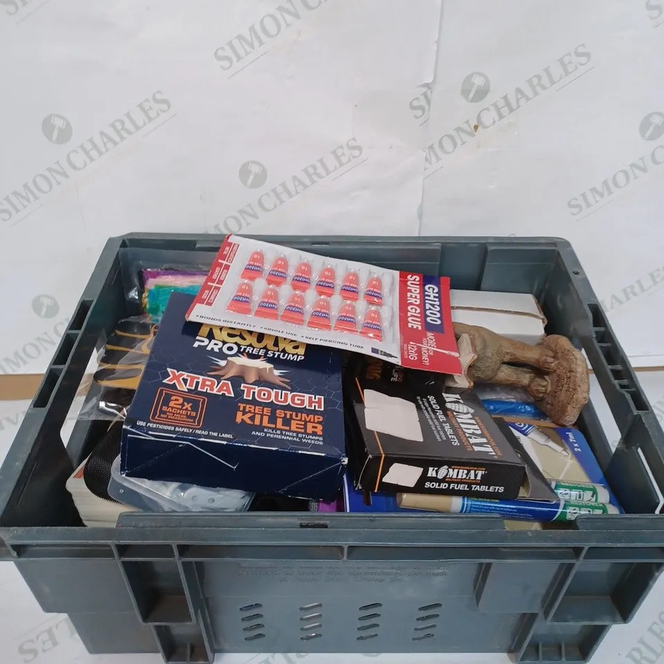 BOX TO CONTAIN APPROXIMATELY 30 ASSORTED HOME IMPROVEMENT AND DIY PRODUCTS. INCLUDES SUPER GLUE, TREE STUMP KILLER, SOLID FUEL TABLETS ETC  
