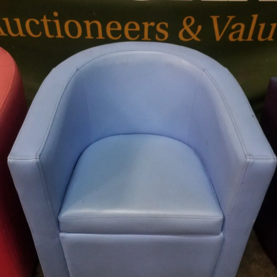 SET OF 4 BISTRO/CAFÉ LEATHER LOUNGE BUCKET CHAIRS - YELLOW, PINK, PURPLE & BLUE